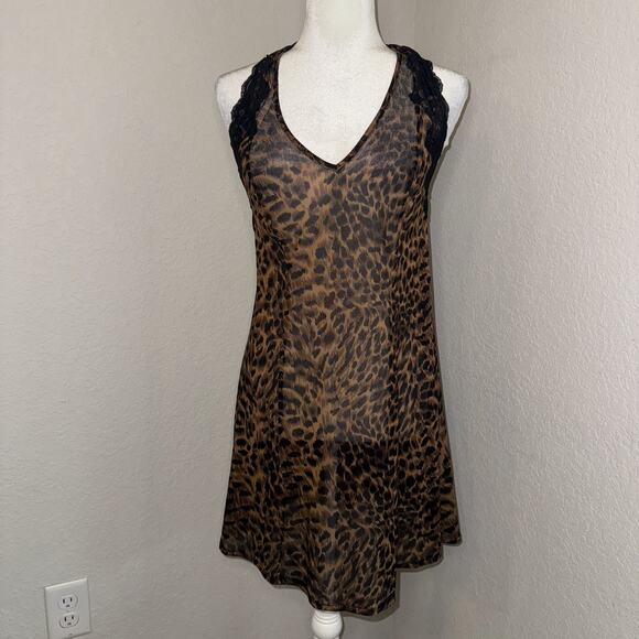 Chemise Halter Dress Women’s Medium Brown Black Leopard Print Lace Lingerie Slip - Picture 1 of 7